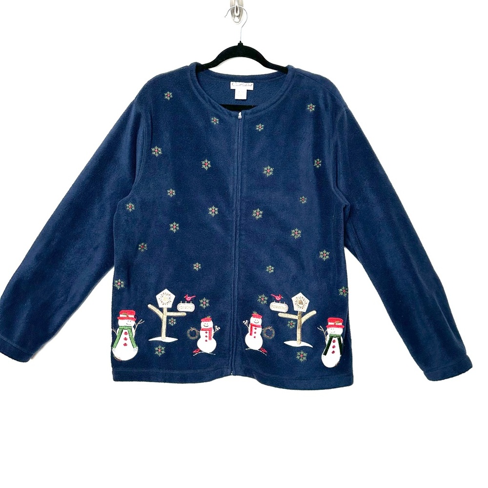 Vintage Cottagecore Holiday Snowman Kitschy Snowflake Fleece Zip Up Cardigan